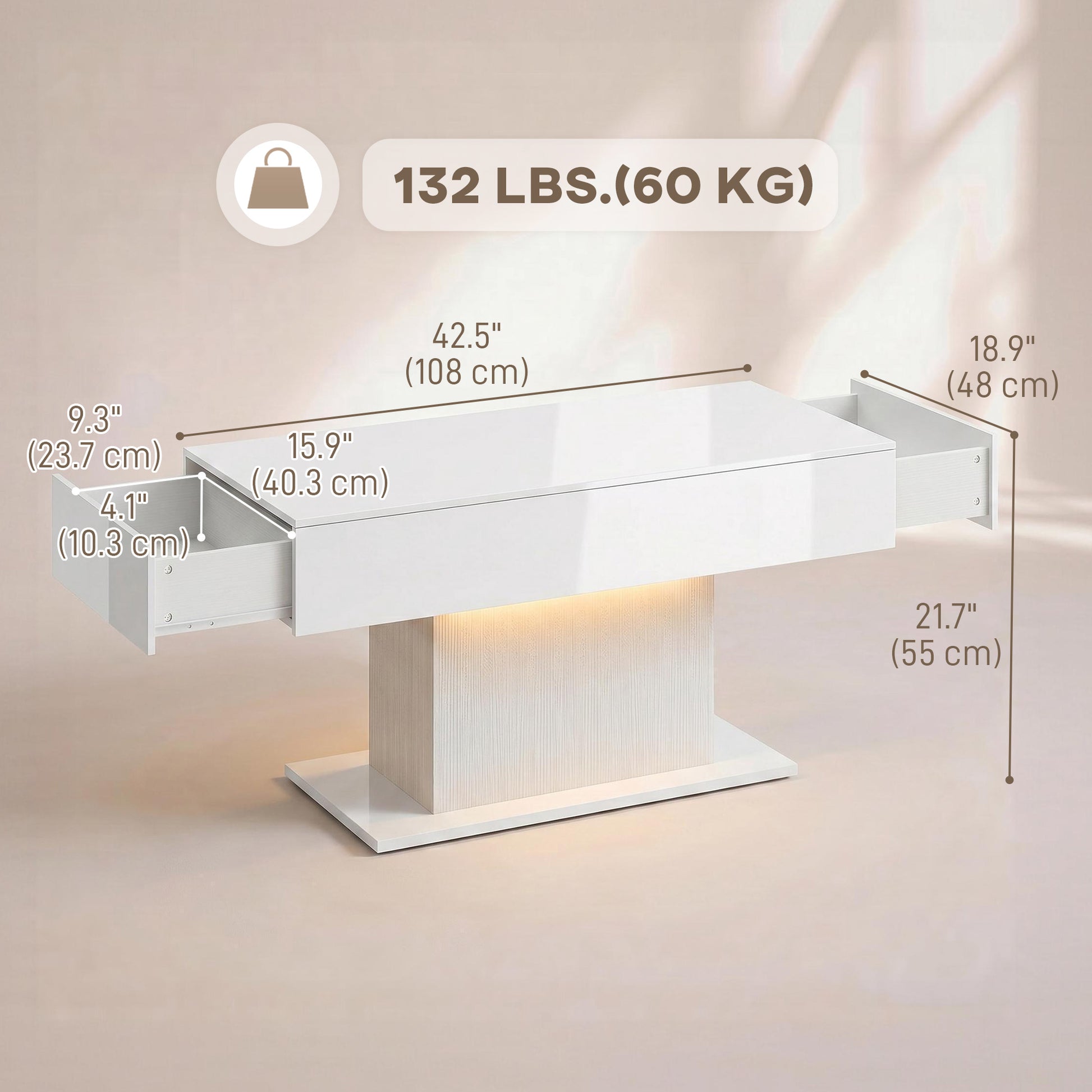 LED Coffee Table with Storage, High Gloss Modern Center Table with 2 Drawers and Remote Control for Living Room, White