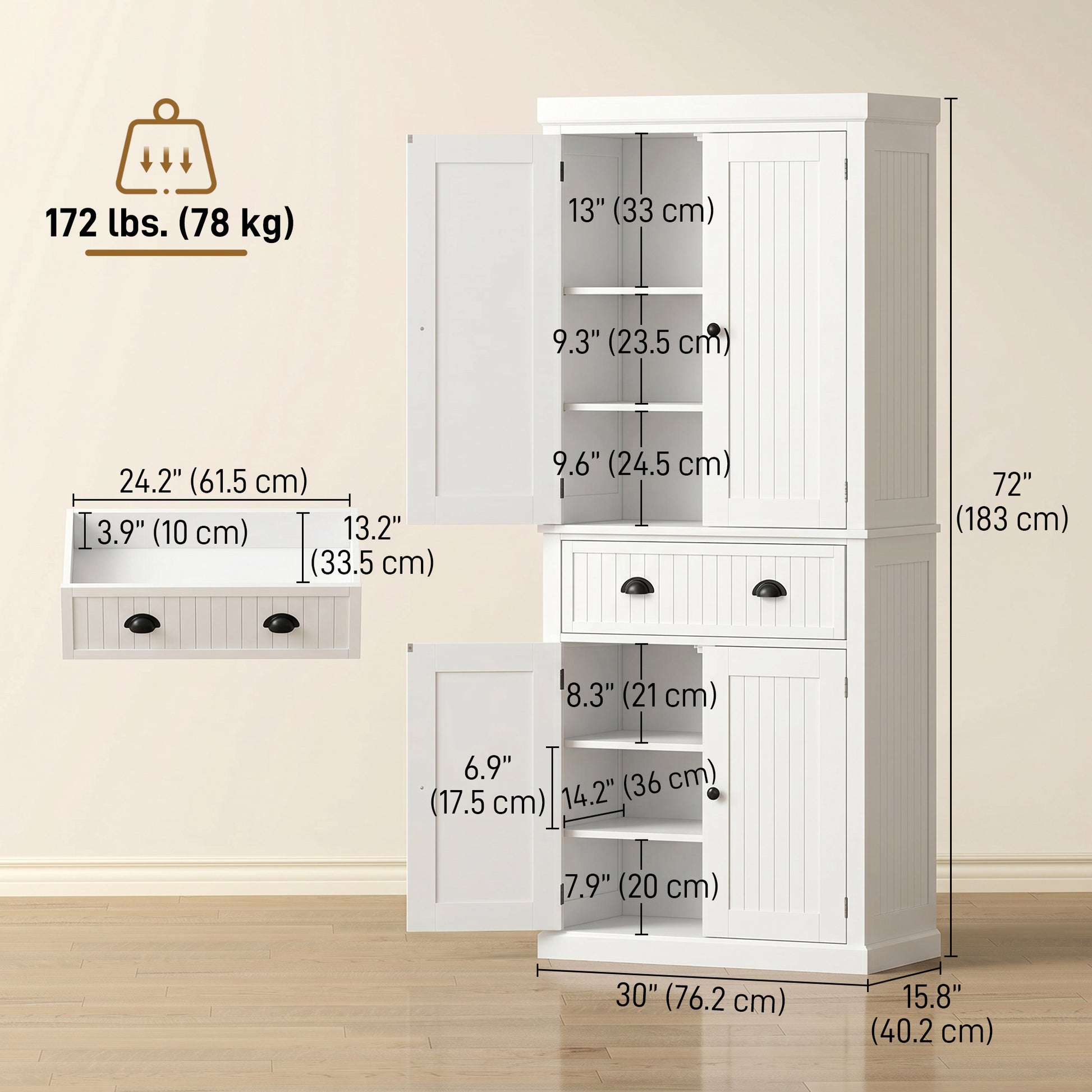 72" Kitchen Pantry, Freestanding Storage Cabinet with Drawer, Doors, White