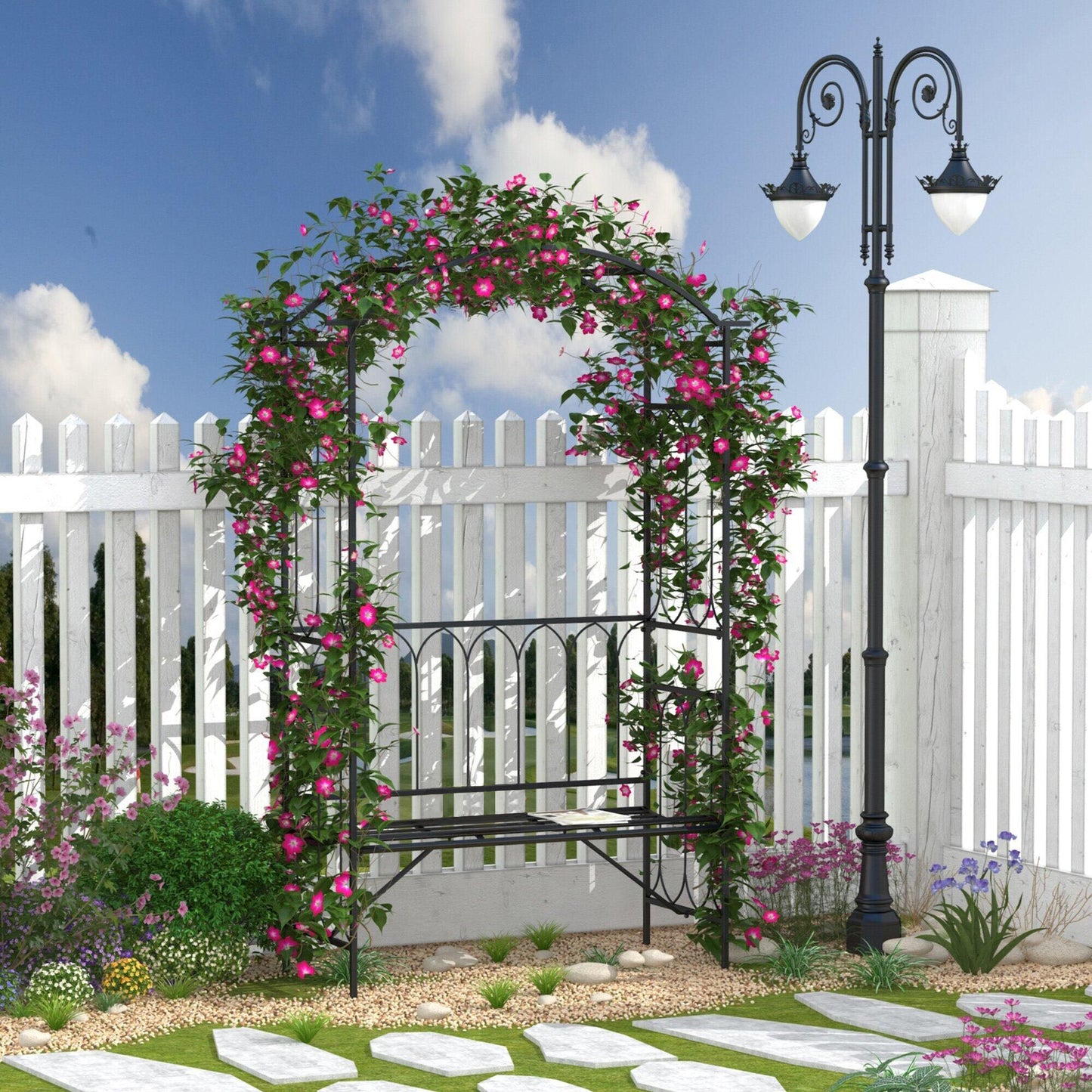 80" Tall Fairy Garden Arbor Arch with Bench Metal Outdoor Plant Climbing Support Trellis with 2 Seater Bench for Rose Vi