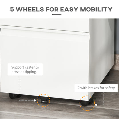 3 Drawer Filing Cabinet, Lockable Office Storage Cabinet on Wheels for Legal, Letter, A4 Files, White