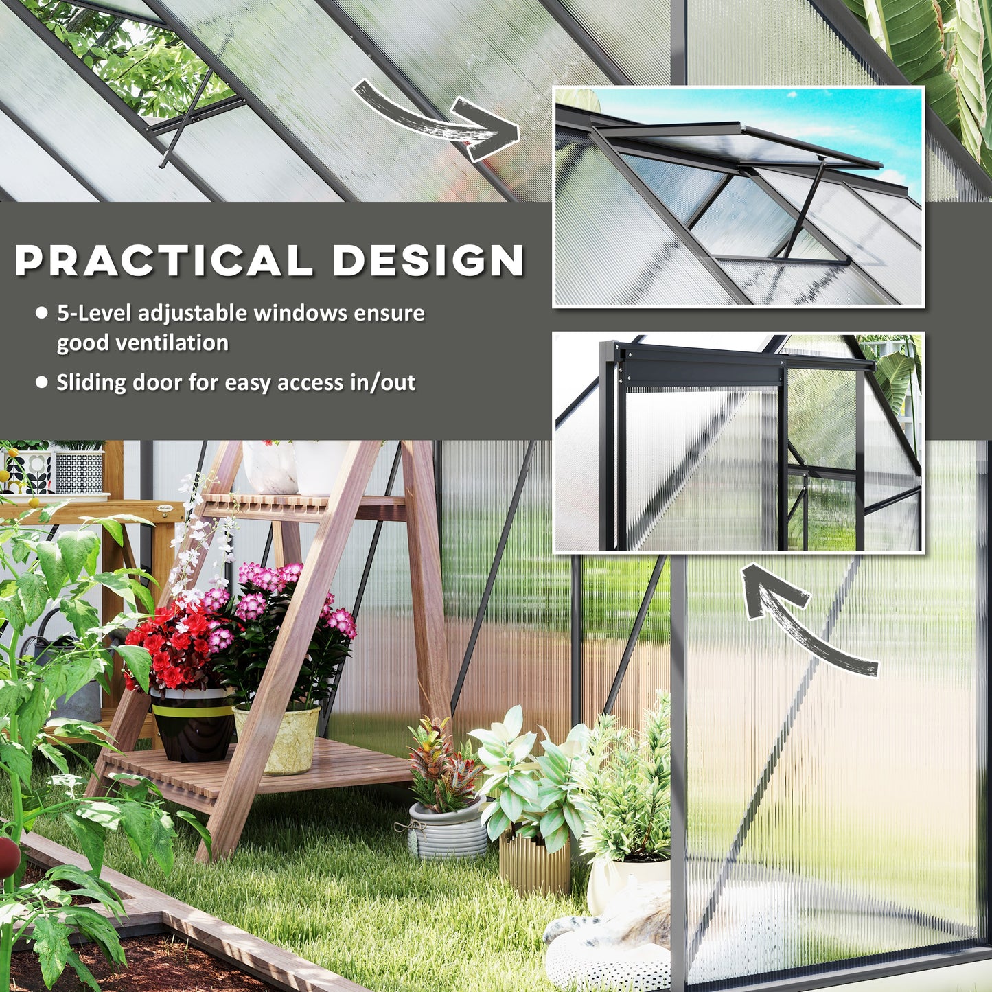 6' x 12' x 6.5' Polycarbonate Greenhouse, Walk-in Green House with Adjustable Roof Vent Galvanized Base Sliding Door Rai