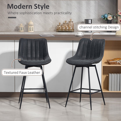 Set of 2 Counter Height Barstools, PU Leather Upholstered Bar Stools with Backrest, Footrest and Steel Legs, Black