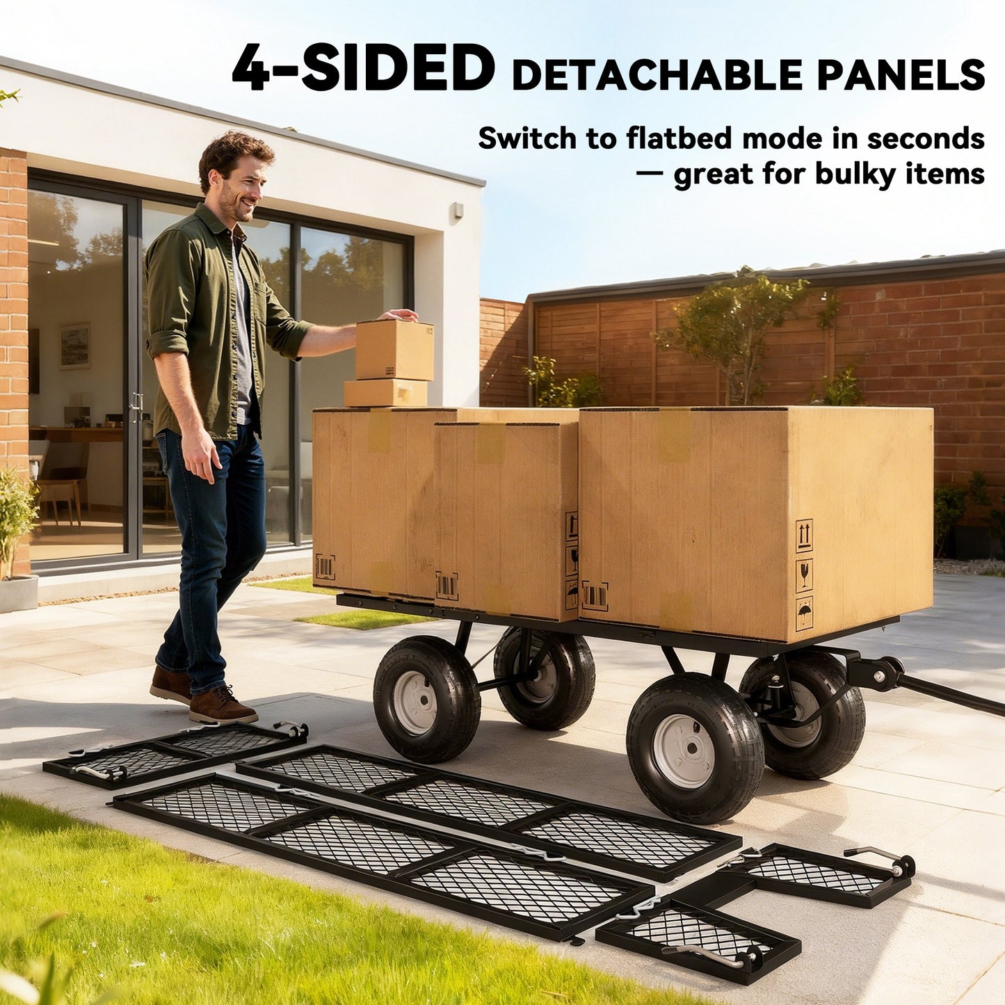 Steel Garden Cart, Utility Wagon Cart with Removable Liner, Quick-Release Sides, 10" Wheels, 660lbs Capacity, Green