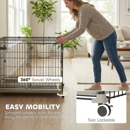 Dog Crate, 30 Inch Metal Dog Cage with Removable Tray, Lockable Wheels, 2 Doors for Small Medium Breeds, Black