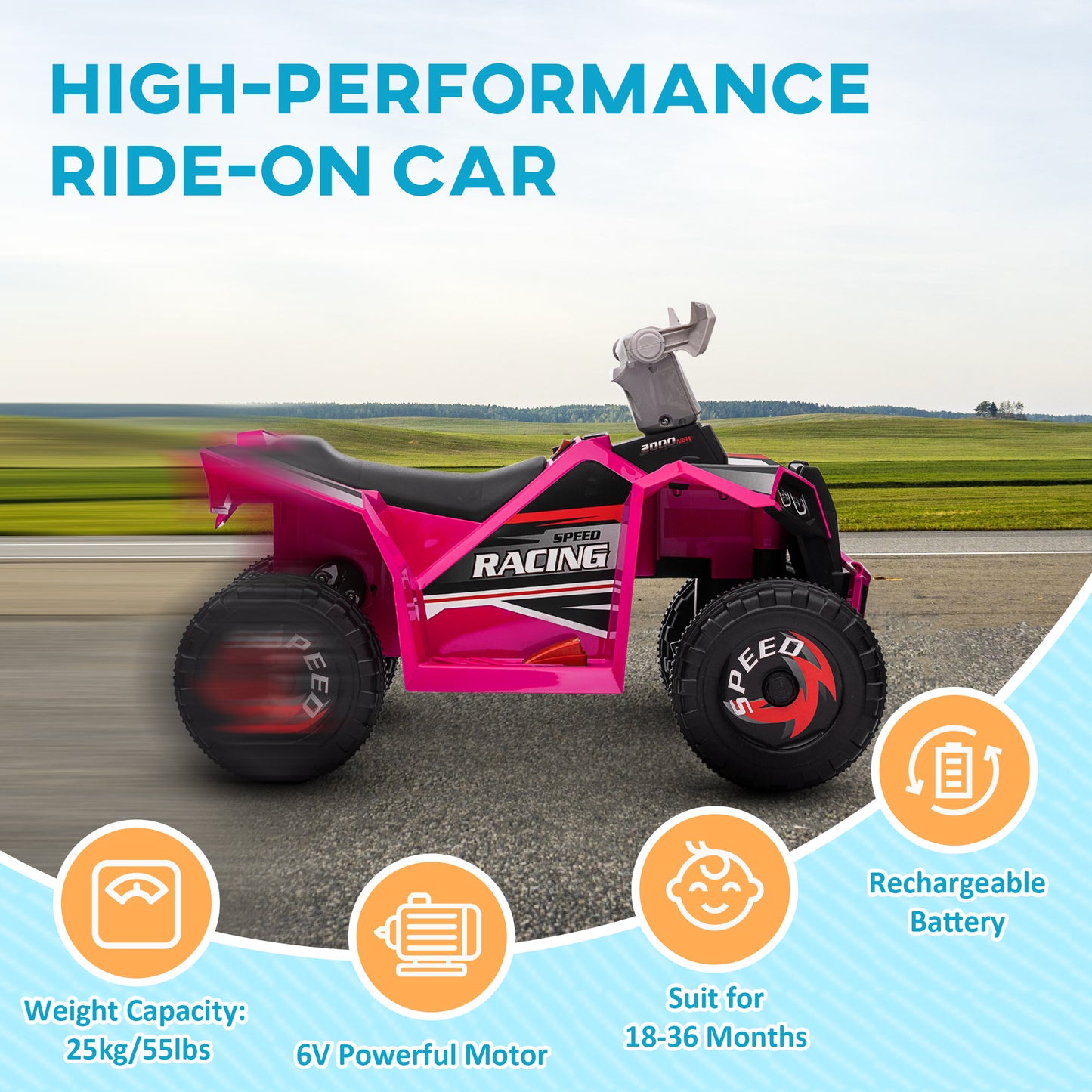 VarietyKart 6V Quad Kids Electric Car with Wear-resistant Wheels, for Boys and Girls Aged 18-36 Months, Pink