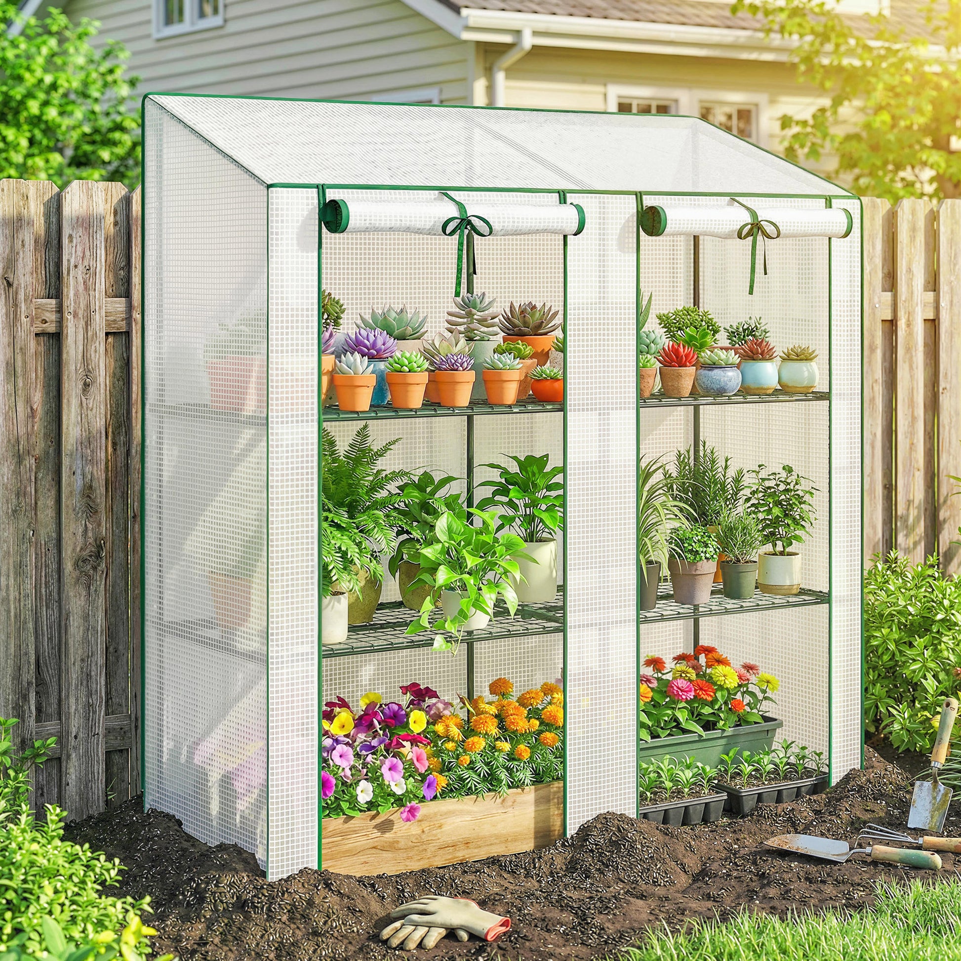 Portable Mini Greenhouse Green House with 3 Tier Shelves, Reinforced PE Cover, Roll-up Doors, 56.3"x18.1"x59.4", White