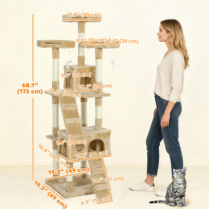 68-inch Multi-Level Cat Scratching Tree Kitty Activity Center Post Tower Condo Pet Furniture w/ Toy Light Brown