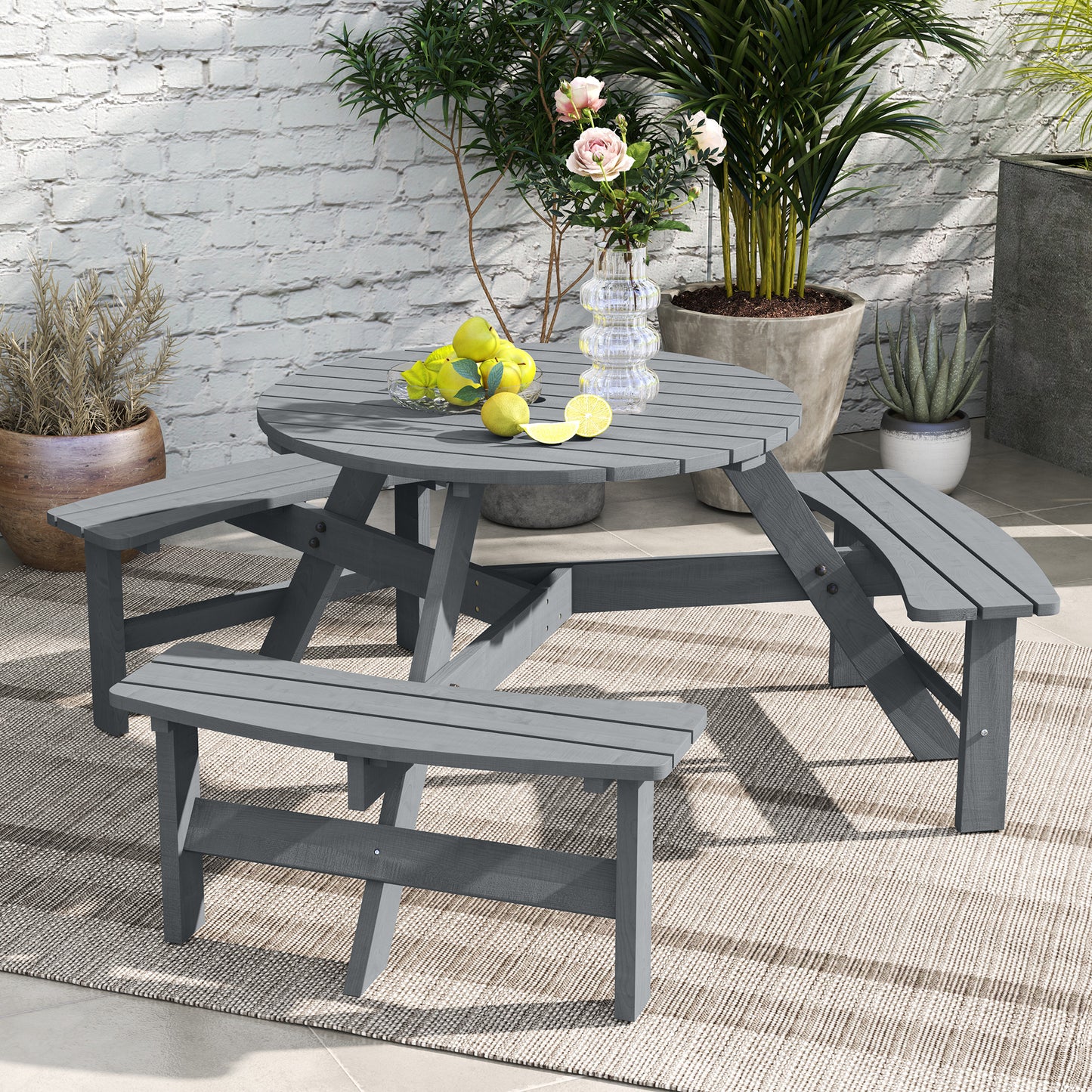 6 Person Round Picnic Table Bench Set with Umbrella Hole, Wood Patio Table with 3 Built-in Benches for Garden, Deck, Bac