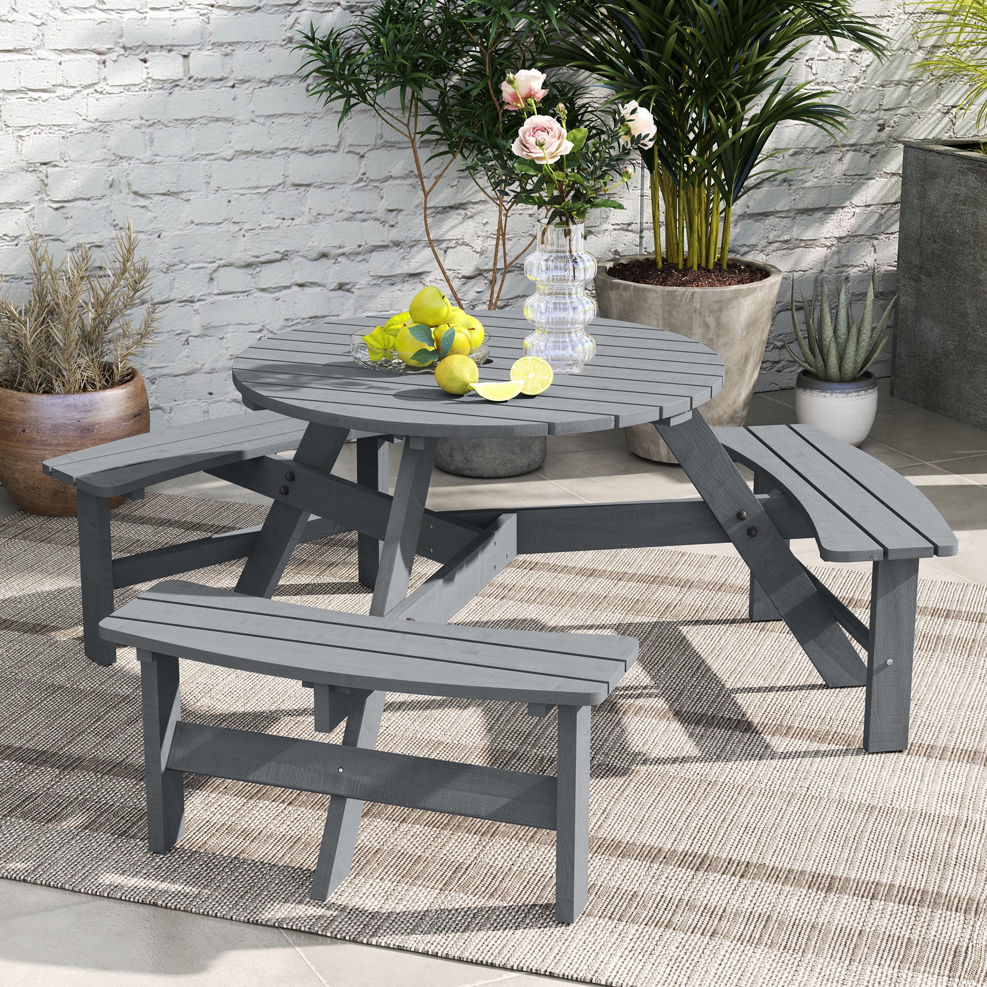 6 Person Round Picnic Table Bench Set with Umbrella Hole, Wood Patio Table with 3 Built-in Benches for Garden, Deck, Bac