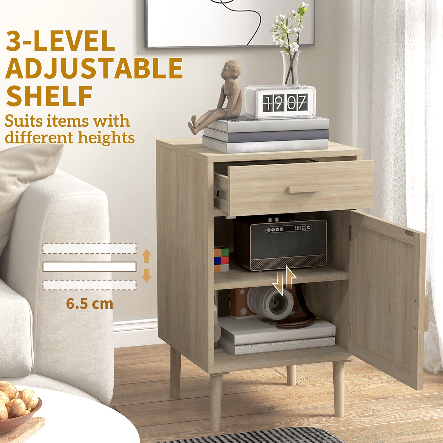 Boho Bedside Tables Set of 2, Nightstands with Drawer, Rattan Cabinet, Adjustable Shelf for Bedroom, Living Room, Oak