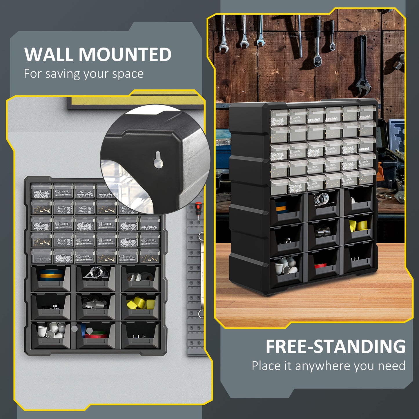 Plastic 39 Drawer Parts Organiser Wall Mount Storage Cabinet for Small Nuts Bolts Tool Set of 2 Black
