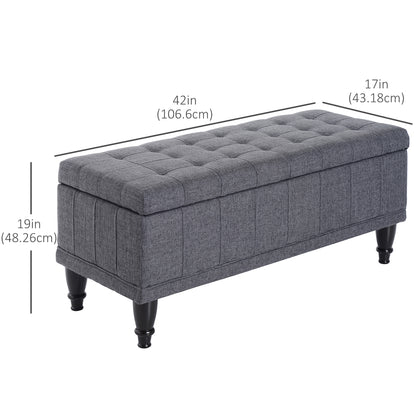 Storage Ottoman, Linen Fabric End of Bed Bench with Soft Close Lid, Button Tufted Storage Bench for Living Room, Entrywa