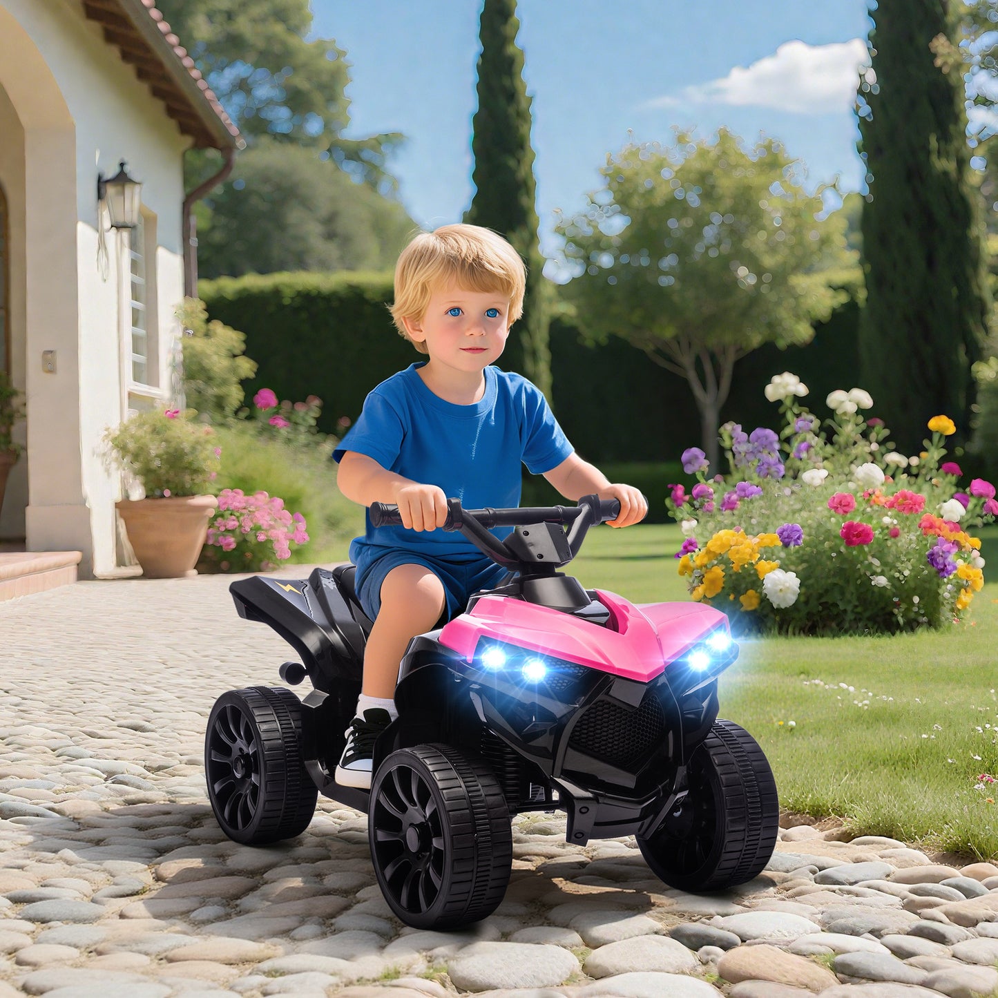 Qaba 6V Kids ATV, 4 Wheeler Electric Ride on Car with Music and LED Headlights, for Ages 37-72 Months Boys and Girls, Pi