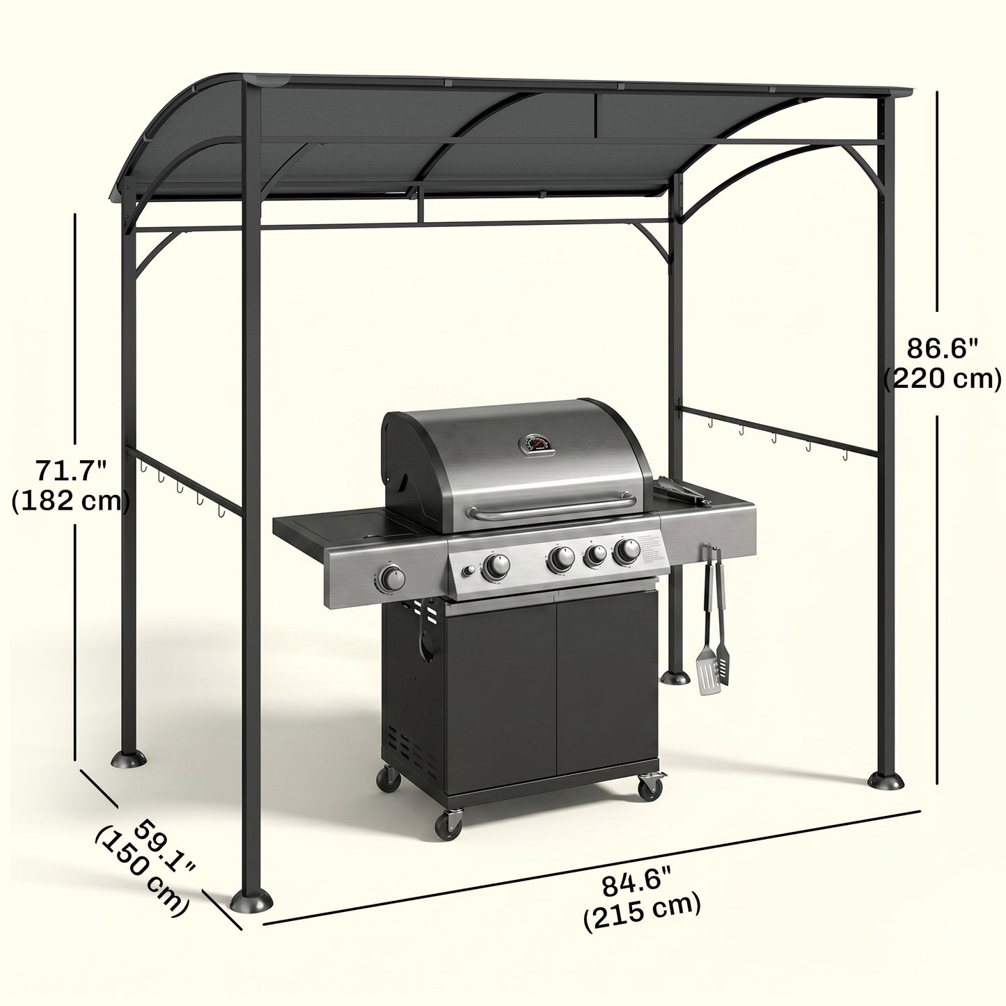 7' x 5' Garden Grill Canopy, BBQ Grill Gazebo Tent with Steel Frame and Hooks, Outdoor Sun Shade, Charcoal Grey