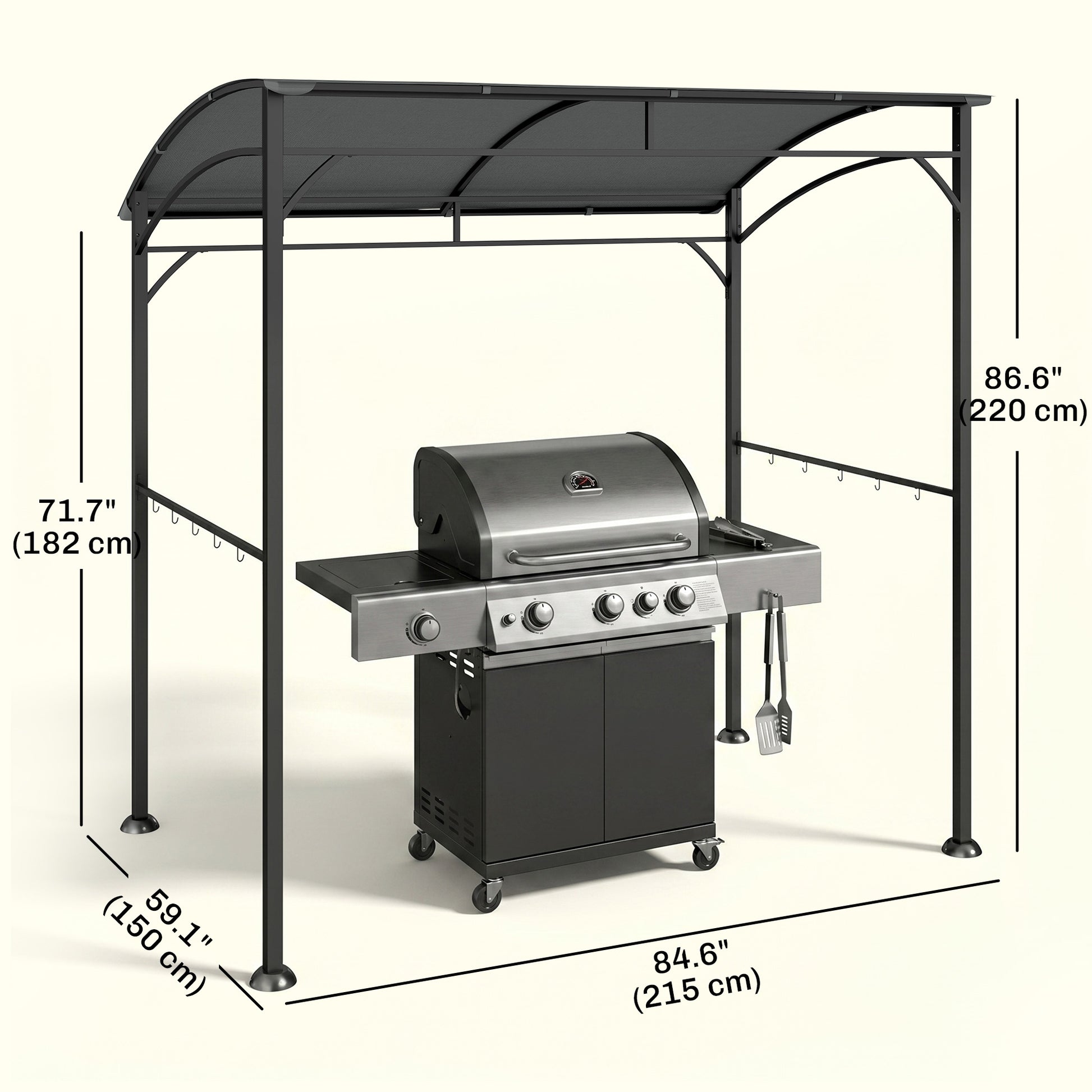 7' x 5' Garden Grill Canopy, BBQ Grill Gazebo Tent with Steel Frame and Hooks, Outdoor Sun Shade, Charcoal Grey