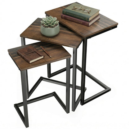 Nesting Coffee Table Set of 3, Stackable Rectangular End Tables with Wood-Effect Top, Metal Frame, Industrial & Rustic C