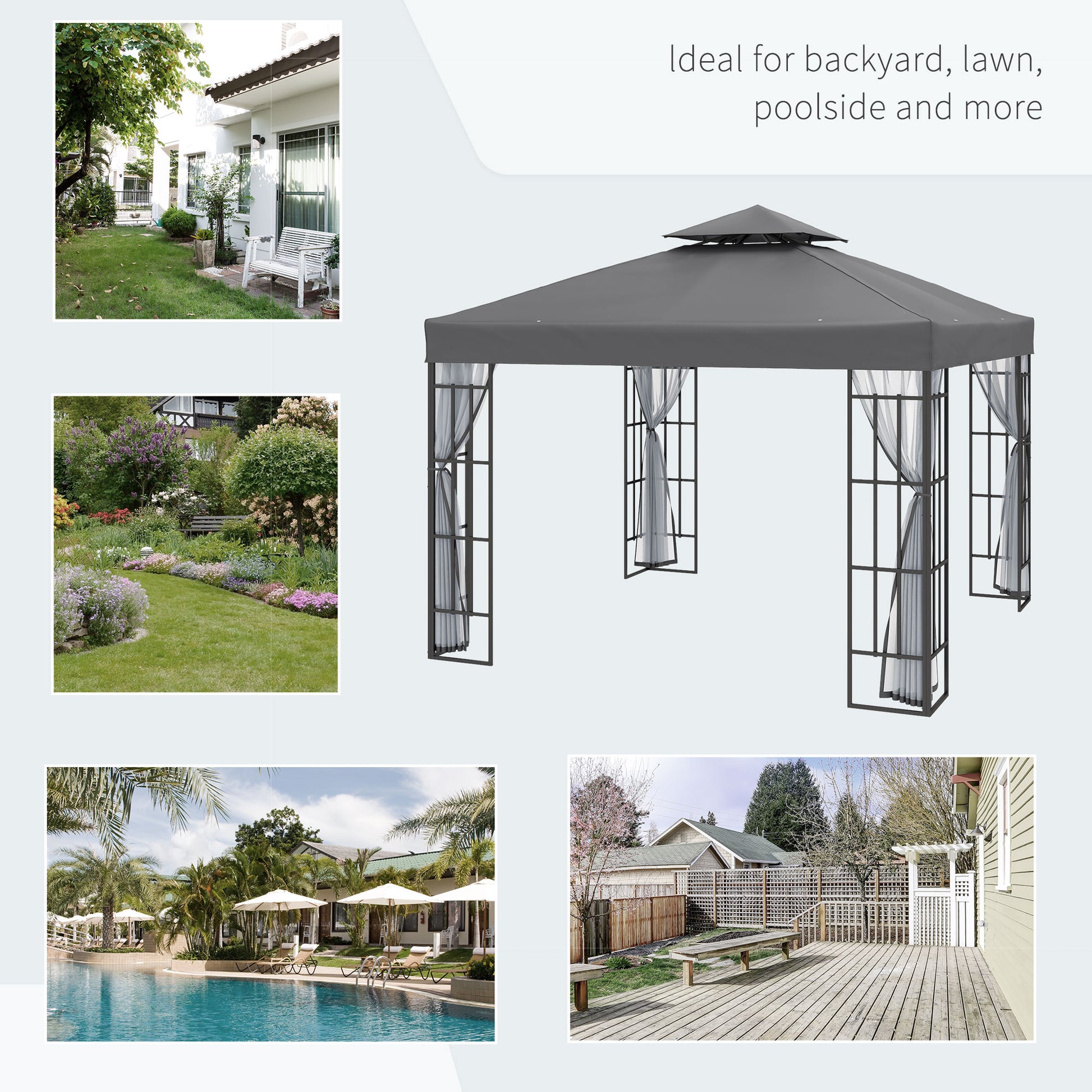 10'x10' Garden Gazebo Patio Canopy Portable Party Event Backyard w/ Mosquito Netting Grey