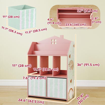 Qaba Kids Bookshelf with Storage, Toy Storage Unit with Book Display, Shelves and Fabric Drawers for Playroom Nursery, P