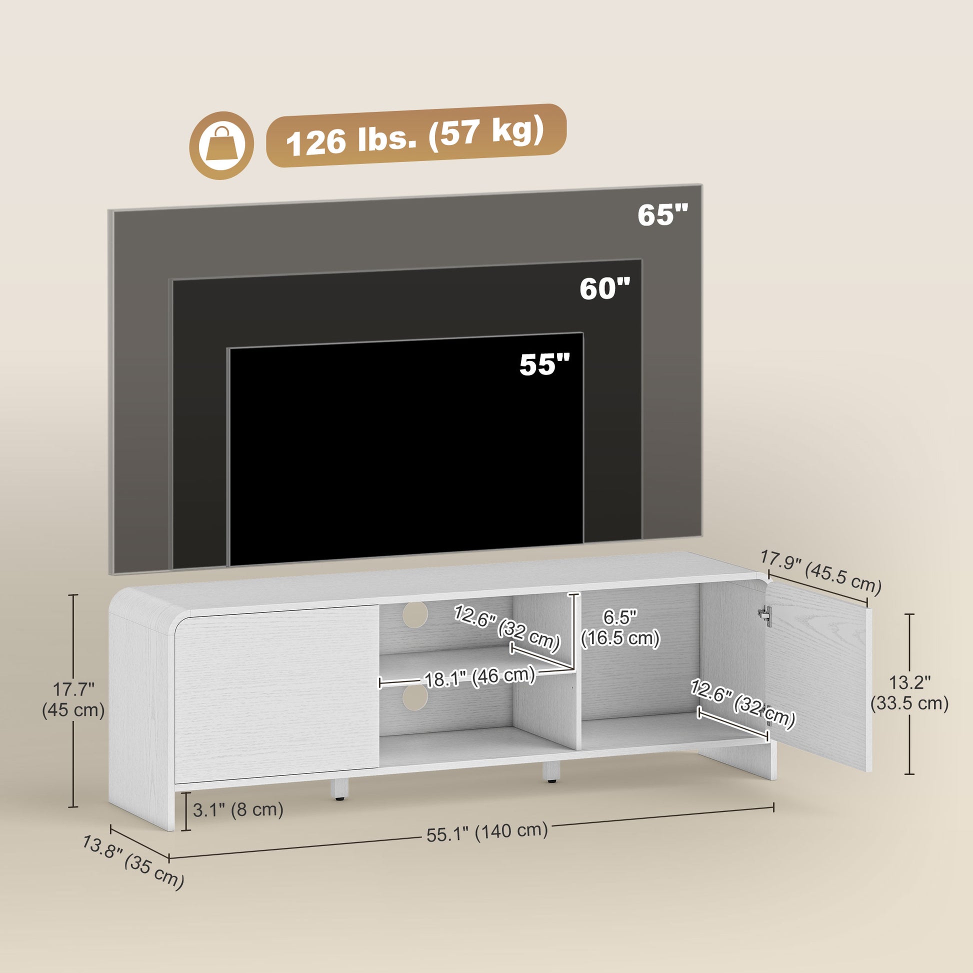 TV Stand for up to 65 Inch TV, Nordic Entertainment Center with 2 Cabinets and 2 Open Shelves for Living Room, White