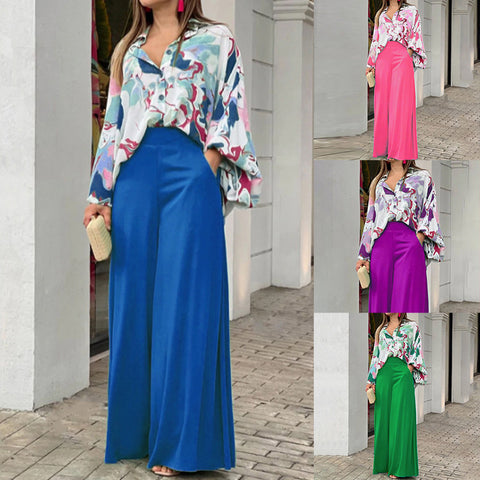 Women's Floral Shirt & Wide-Leg Pants Set