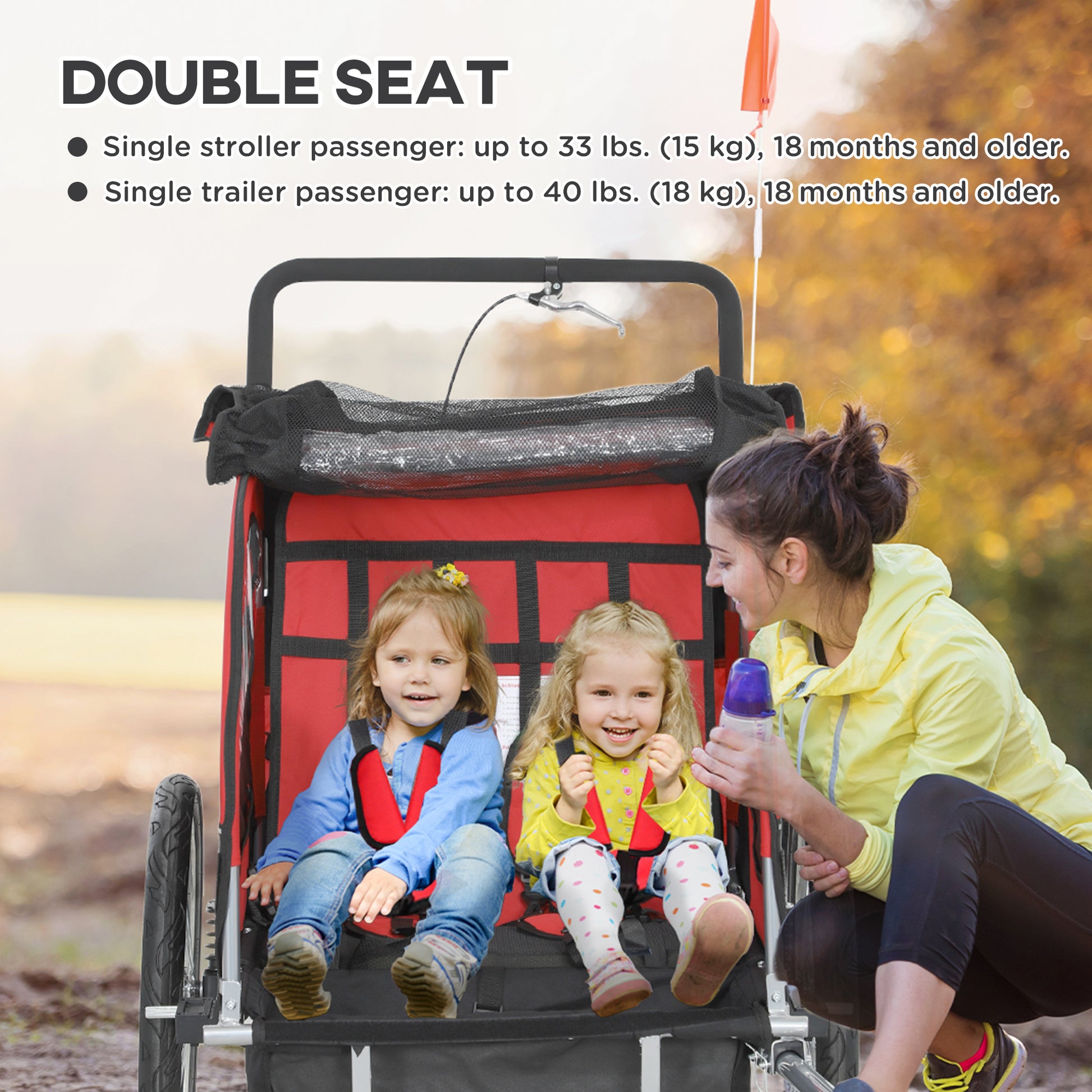VarietyKart 2-in-1 Bike Trailer for Kids, Foldable 2-Seat Baby Stroller with 5-Point Harness, Rubber Wheels, Storage Bag