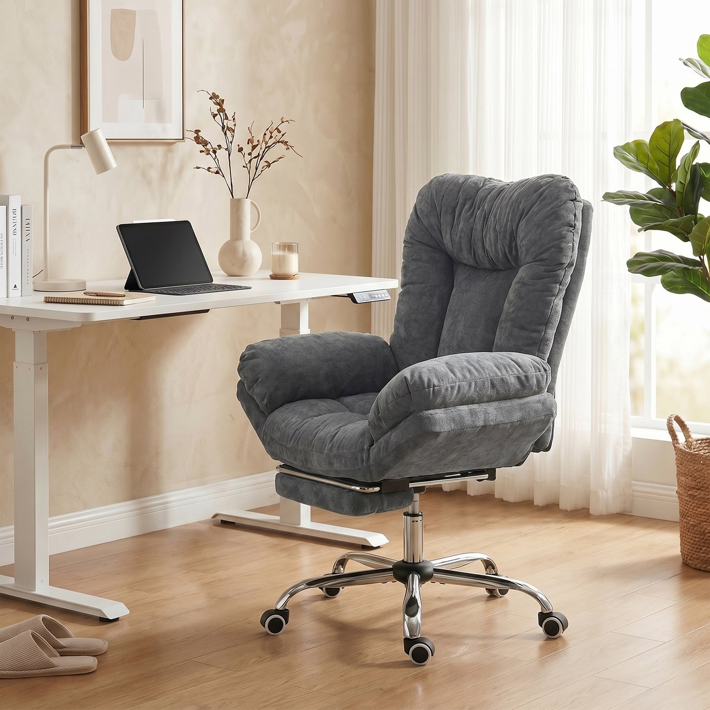 Criss Cross Chair with Wheels, Waterfall Armrests, Overstuffed Wide Office Chair with Footrest, Dark Grey