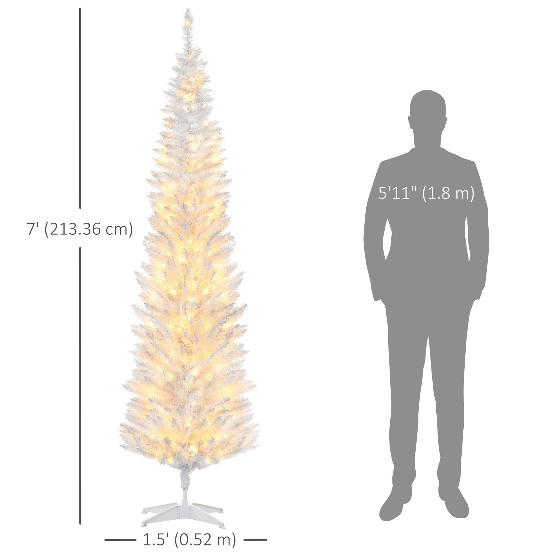 7' Pre Lit Artificial Pencil Christmas Trees, Xmas Tree with Realistic Branches and Warm White LED Lights, White
