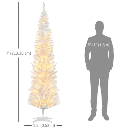 7' Pre Lit Artificial Pencil Christmas Trees, Xmas Tree with Realistic Branches and Warm White LED Lights, White