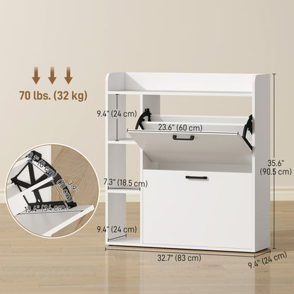 Shoe Cabinet with 2 Flip Drawers, 3 Side Compartments, Adjustable Shelves, 8-12 Pairs for Entryway Hallway, White