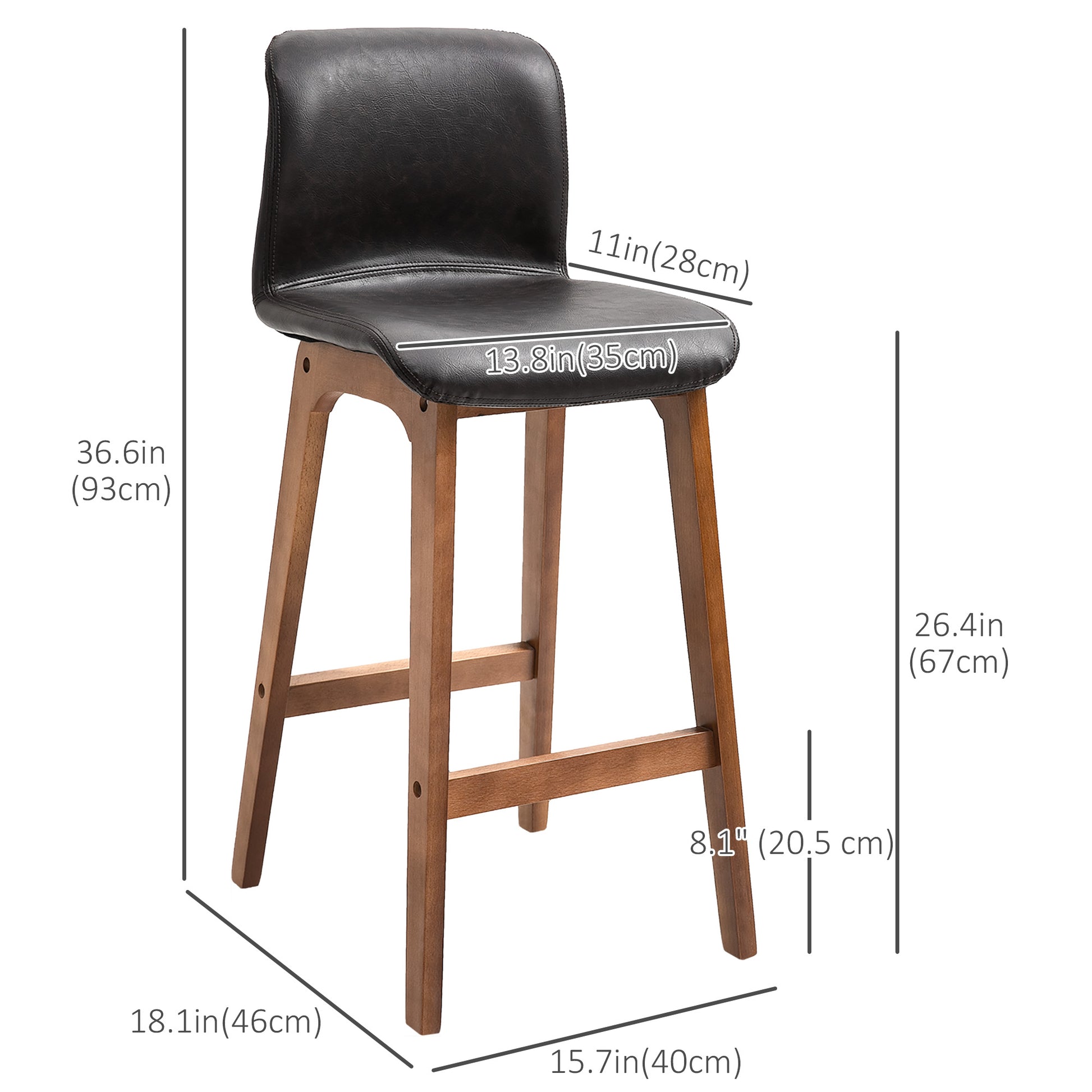 Modern Bar Stools Set of 2, Counter Height Bar Chair with PU Leather Wooden Frame Padding Seats for Dining Room Home Bar
