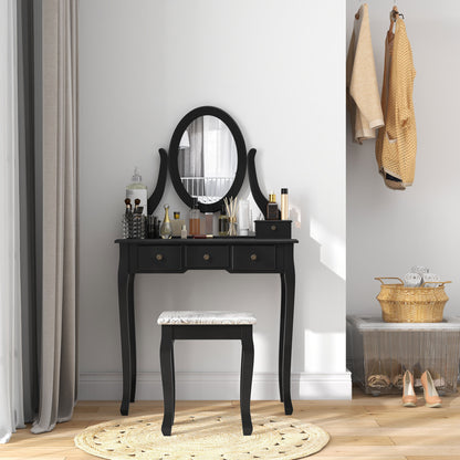 Vanity Desk with Stool, Makeup Vanity with 360° Rotating Oval Mirror, 5 Drawers and Padded Seat, Dressing Table for Bedr