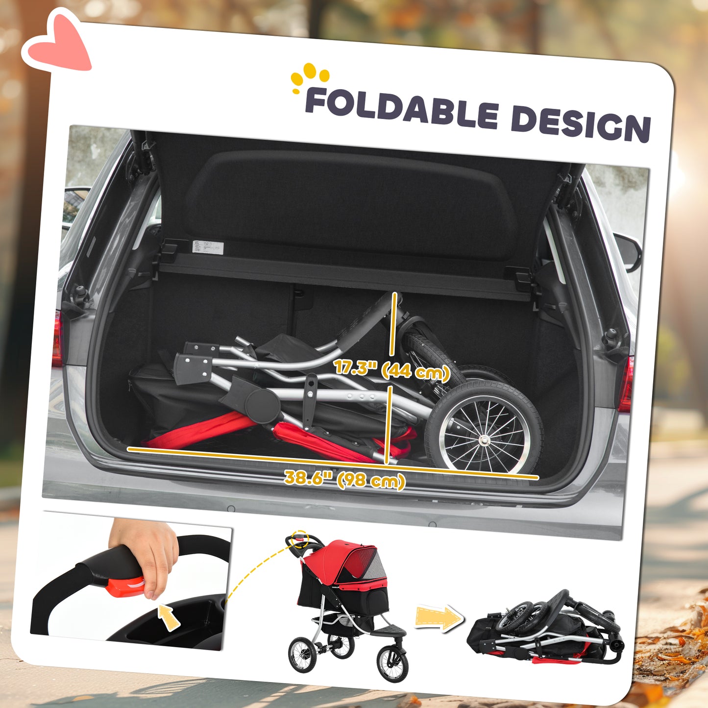 Pet Stroller for Small Dogs, 3 Rubber Wheels Pet Jogger, One-click Easy Folding All-Terrain Dog Stroller, Adjustable Can