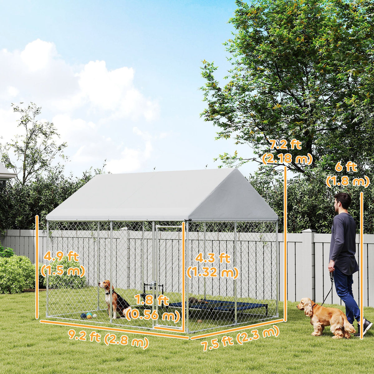 Heavy Duty Galvanized Steel Outdoor Dog Kennel with Waterproof Roof, Safety Lockable Latch System, 9.2' x 7.5' x 7.2'