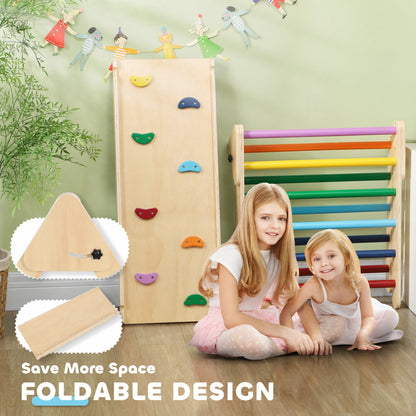 Qaba Pikler Triangle Set, 3 in 1 Climbing Toys with Ramp for Toddlers, Nature Wood