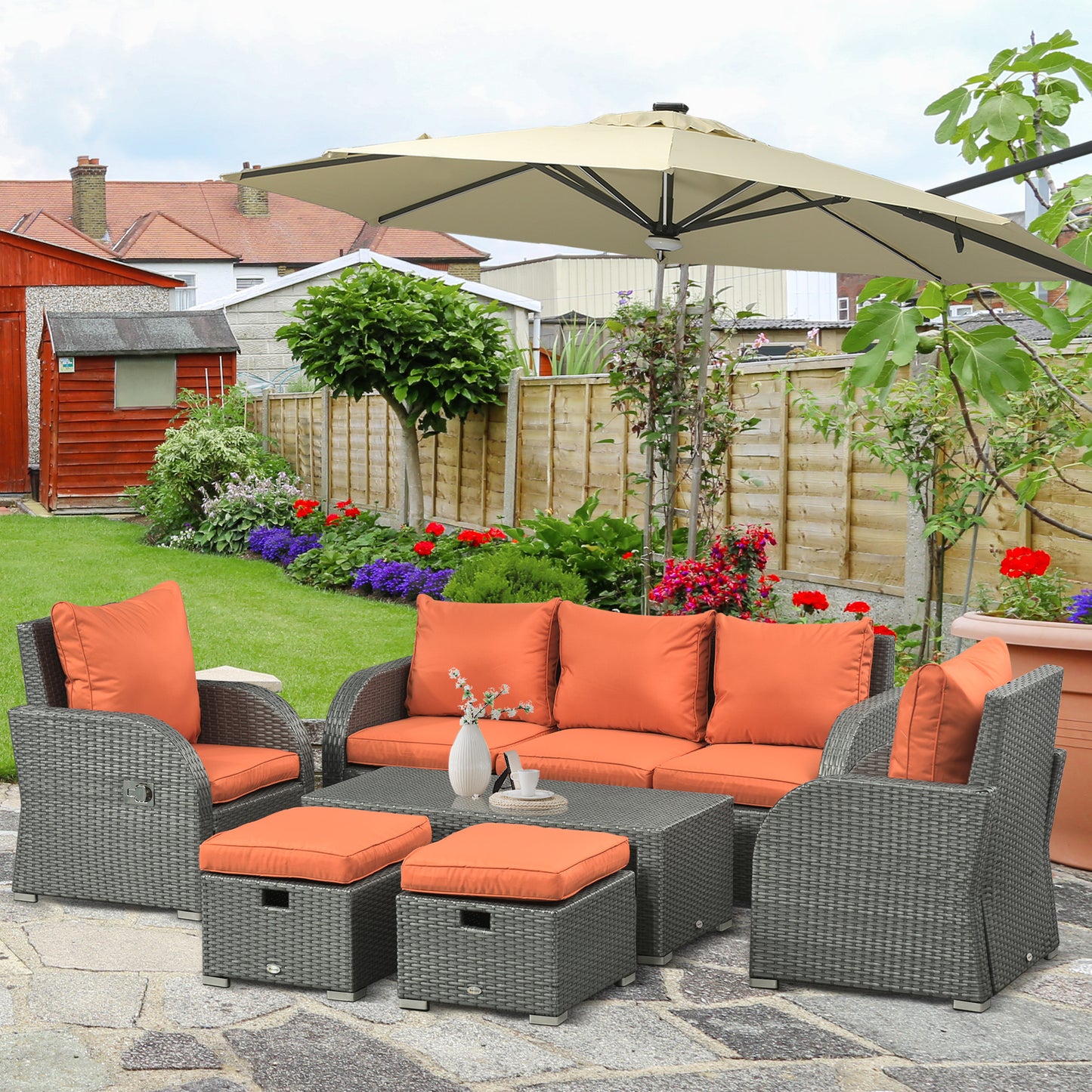 6 Pieces Patio Furniture with 2 Recliner Chairs, PE Wicker Sectional Furniture Conversation Set with a 3-Seat Sofa, 2 Fo