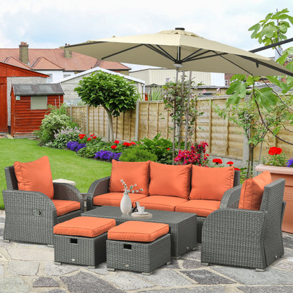 6 Pieces Patio Furniture with 2 Recliner Chairs, PE Wicker Sectional Furniture Conversation Set with a 3-Seat Sofa, 2 Fo