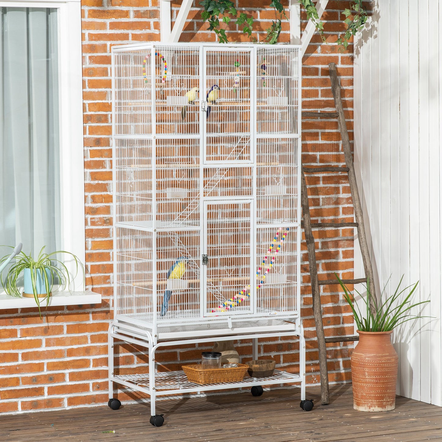 71" Bird Cage with Wheels Perches, Ramp, Storage Shelf, Toys for Canaries, Finches, Cockatiels, Parakeets, White
