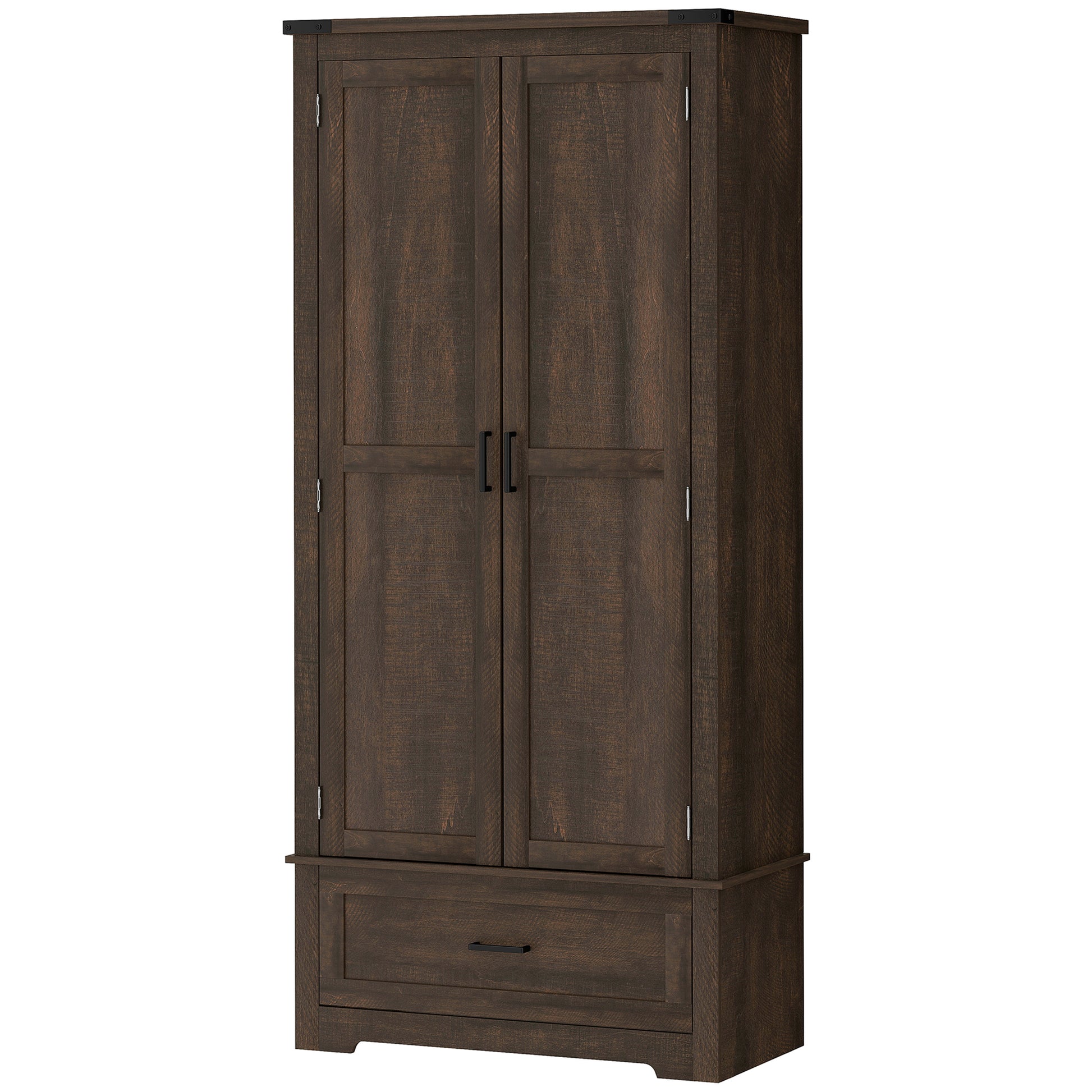69" Tall Farmhouse Kitchen Pantry Cabinet with 2 Doors, Drawer and Adjustable Shelves, Dark Brown