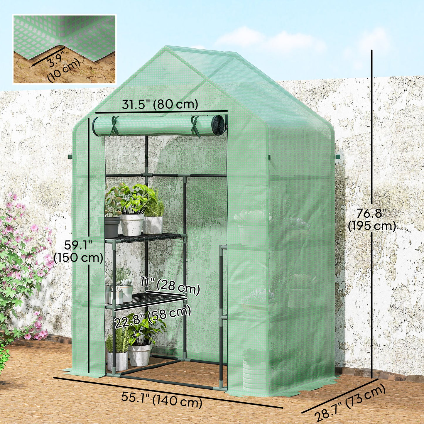 3-Tier Mini Greenhouse, Walk-in Greenhouse, Garden Hot House with 4 Shelves, Roll-Up Door and Weatherized Cover, 56" x 2