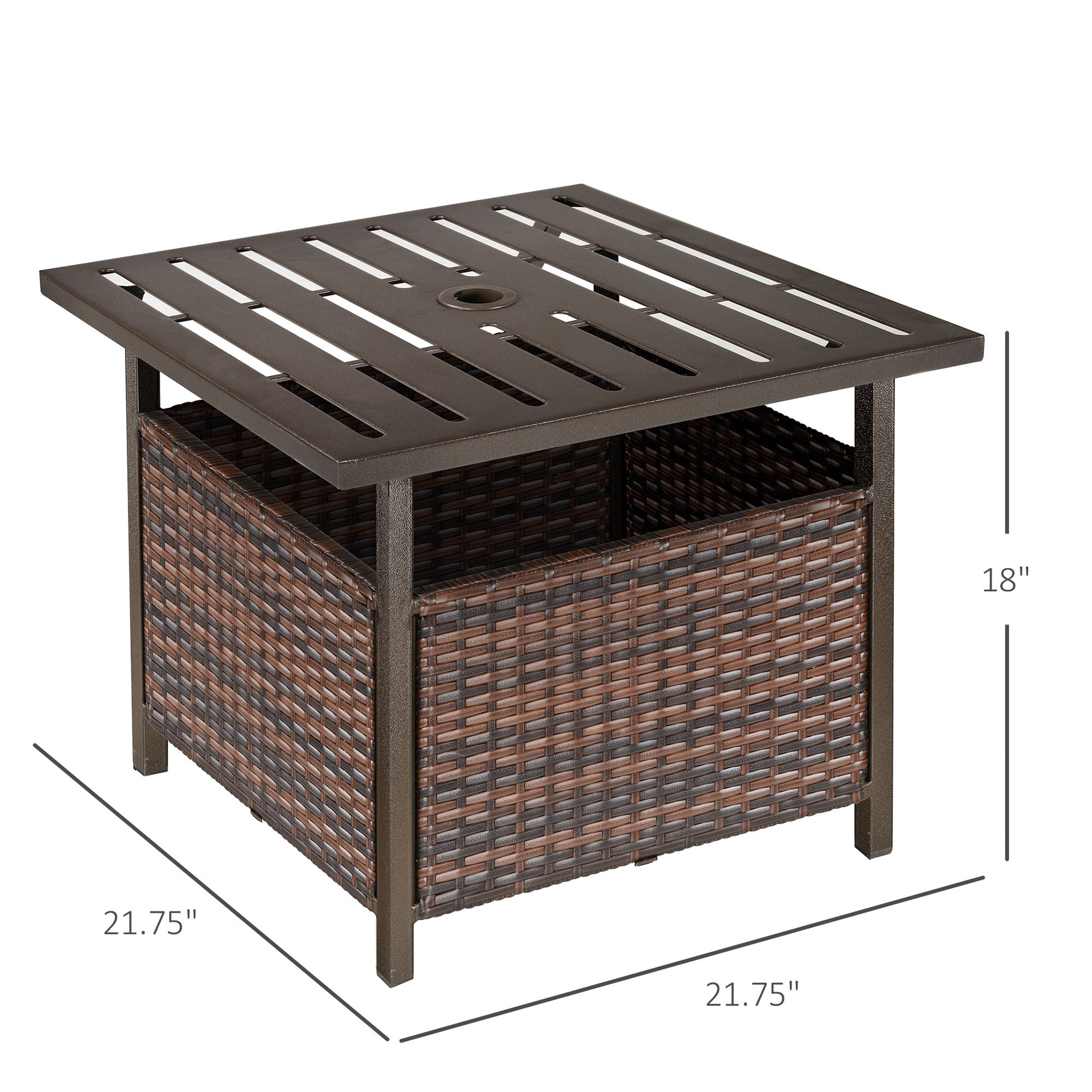 21.75" Outdoor Rattan Wicker Patio Coffee Table with Umbrella Hole, Patio Side Table with Slatted Metal Top, Brown