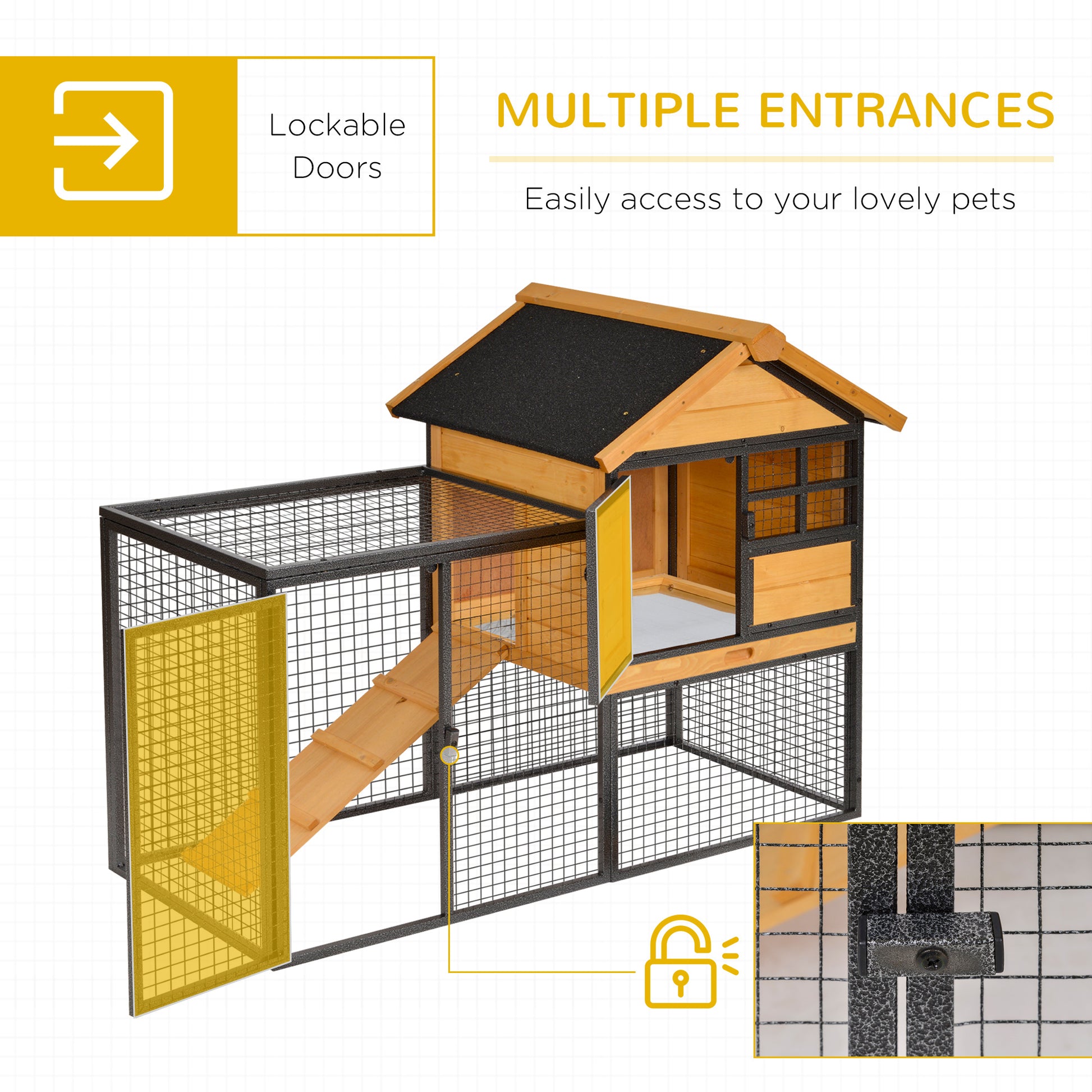 Rabbit Hutch Outdoor, 48"L Large Wooden Bunny Cage with Run, Bite-Resistant Metal Frame, Removable Plastic Tray, Asphalt