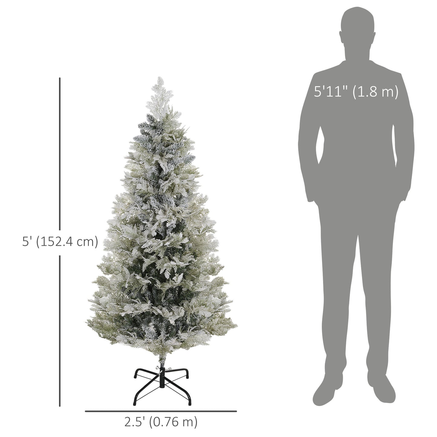 5 Feet Pencil Snow Flocked Artificial Christmas Tree with 517 Realistic Cypress Branches, Auto Open, Green