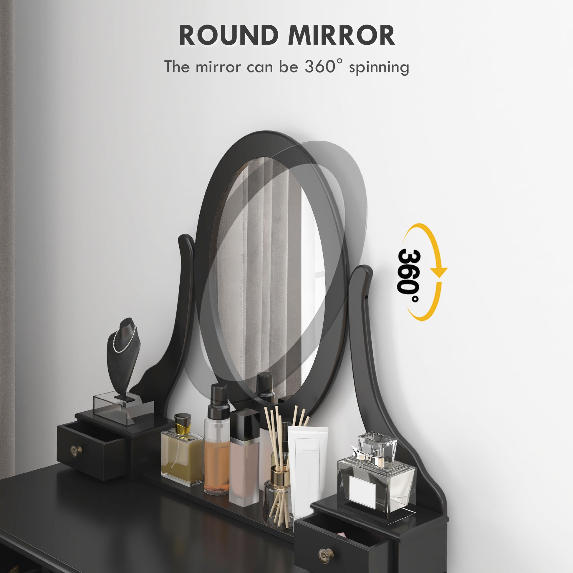 Vanity Desk with Stool, Makeup Vanity with 360° Rotating Oval Mirror, 5 Drawers and Padded Seat, Dressing Table for Bedr