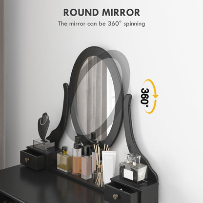Vanity Desk with Stool, Makeup Vanity with 360° Rotating Oval Mirror, 5 Drawers and Padded Seat, Dressing Table for Bedr