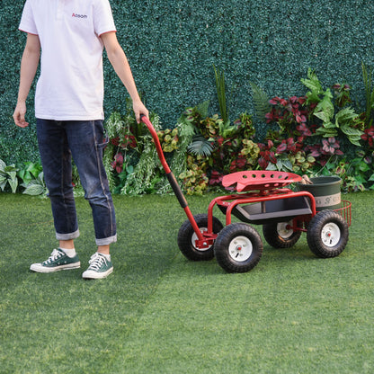 Garden Scooter, Rolling Cart with Swivel and Adjustable Seat, Tool Tray, Bucket Basket, Red and Black