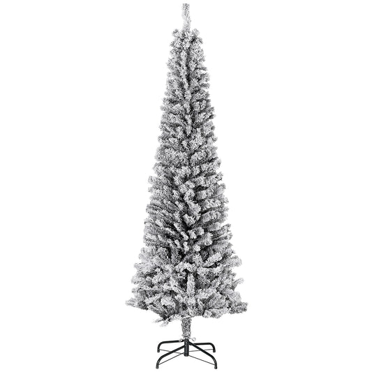6ft Flocked Christmas Tree, Pencil Christmas Tree with Realistic Branch Tips, Folding Metal Stand, Black