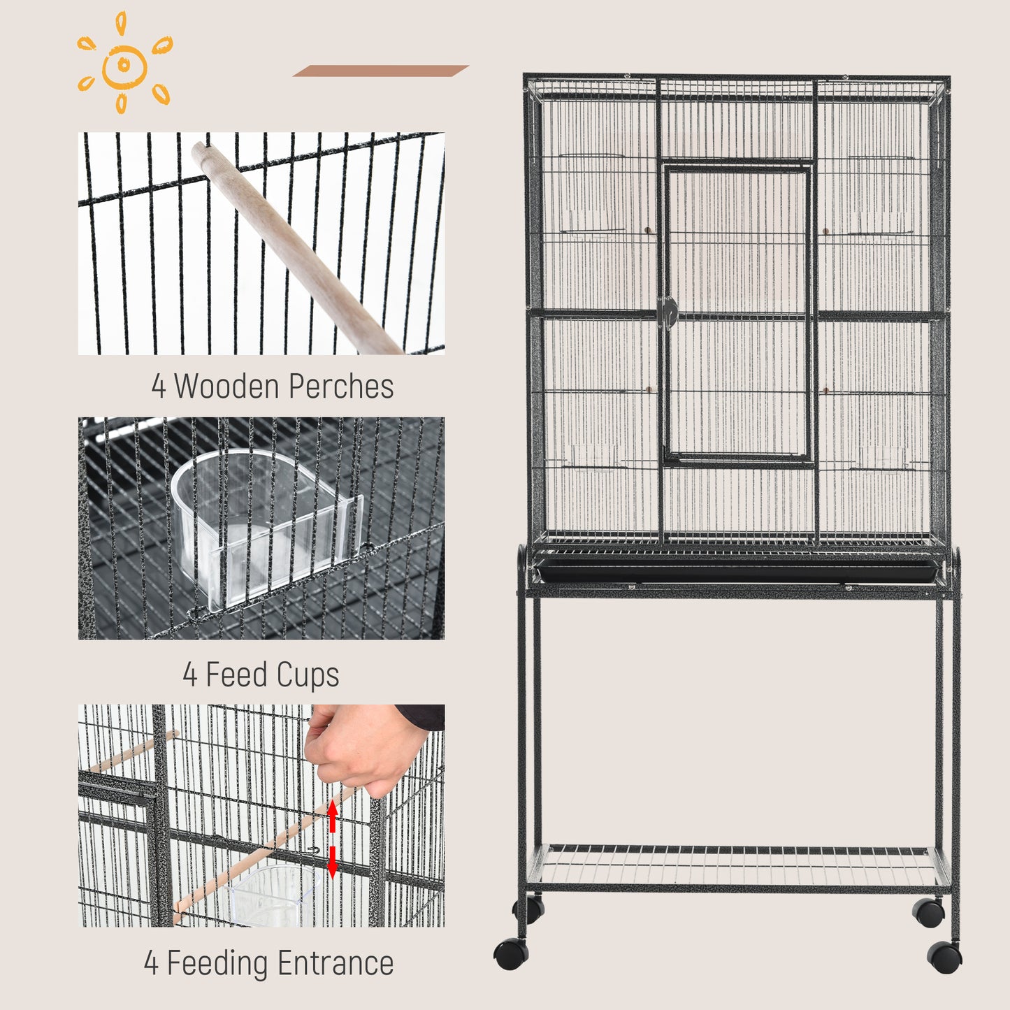 Large Rolling Metal Bird Cage Bird House with Detachable Rolling Stand, Storage Shelf, Wood Perch Food Container - Black