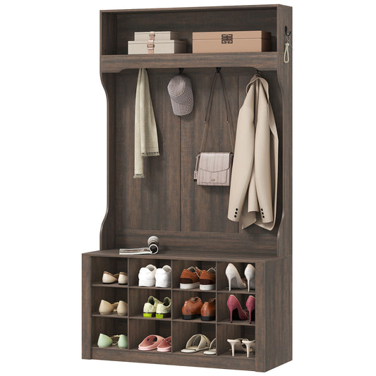 4-In-1 Hall Tree with Bench and Shoe Storage, Farmhouse Coat Rack Shoe Bench with 12 Shoe Cubbies, 6 Hooks, Dark Brown