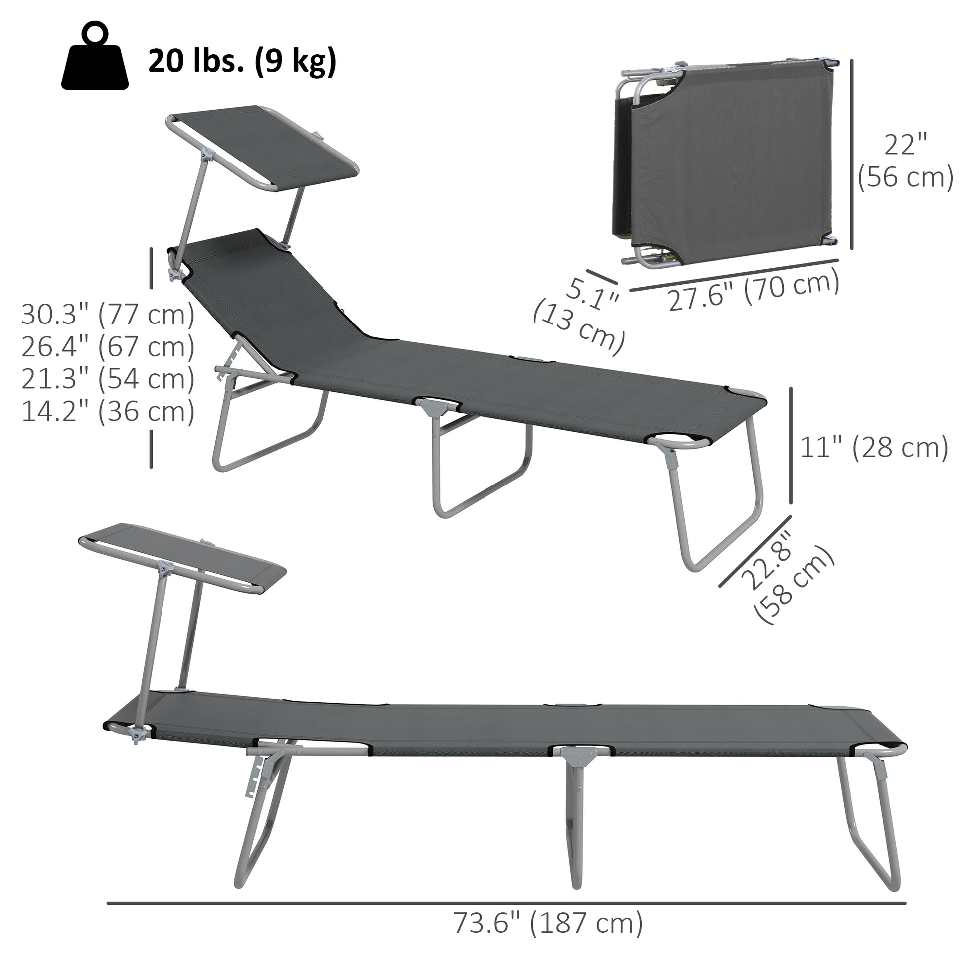 2Pcs Outdoor Lounge Chair, Adjustable Folding Chaise Lounge with Sun Shade for Beach, Camping, Hiking, Grey