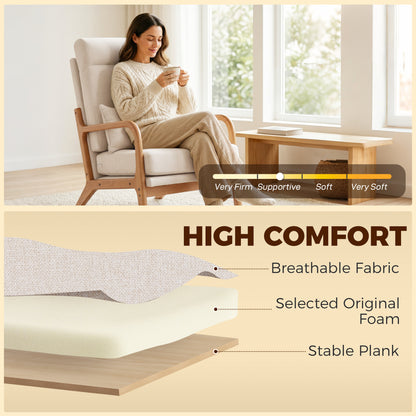 Modern Accent Chair, Linen Armchair with Lumbar Pillow, High Back, Wide Seat, Thick Cushion, Solid Wood Frame, Cream Whi